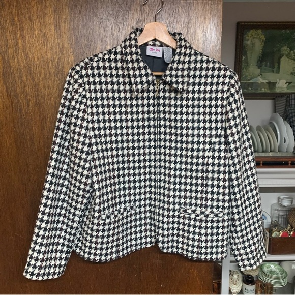 TanJay Jacket houndstooth Wool Long Sleeves Full Zip Coat Women Size 14 - Picture 1 of 8